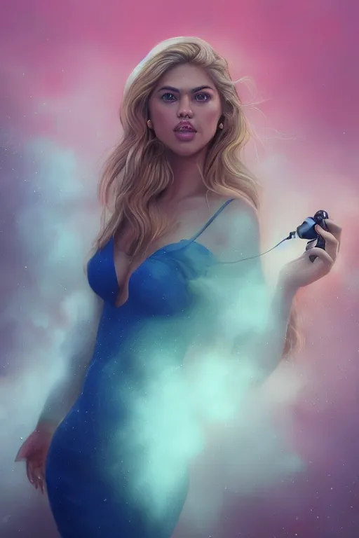 Image similar to an insanely detailed close up portrait of a beautiful blonde haired woman who looks like kate upton, blue dress, holding nikon camera, large fountain in background bokeh, in the style of peter mohrbacher, artgerm, dramatic lighting and composition, pink fog background, octane render, trending on artstation, concept art 8 k