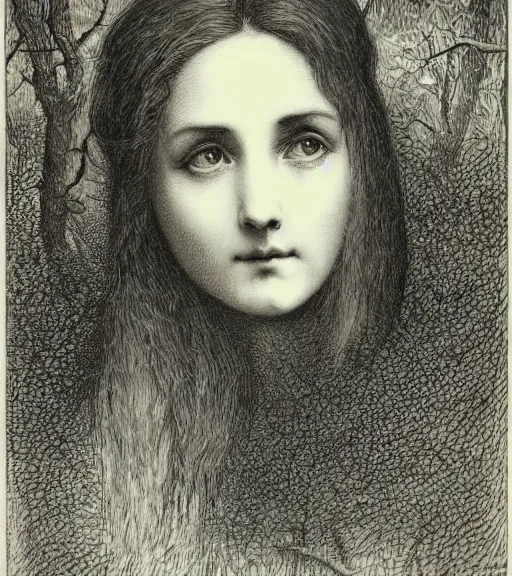 Prompt: black and white, portrait of a woman face in forest, extreme close-up, Gustave Dore lithography