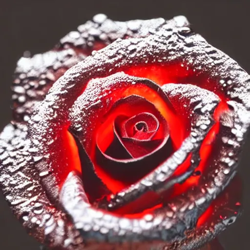 Image similar to award - winning macro of a beautiful black rose made of glowing molten magma