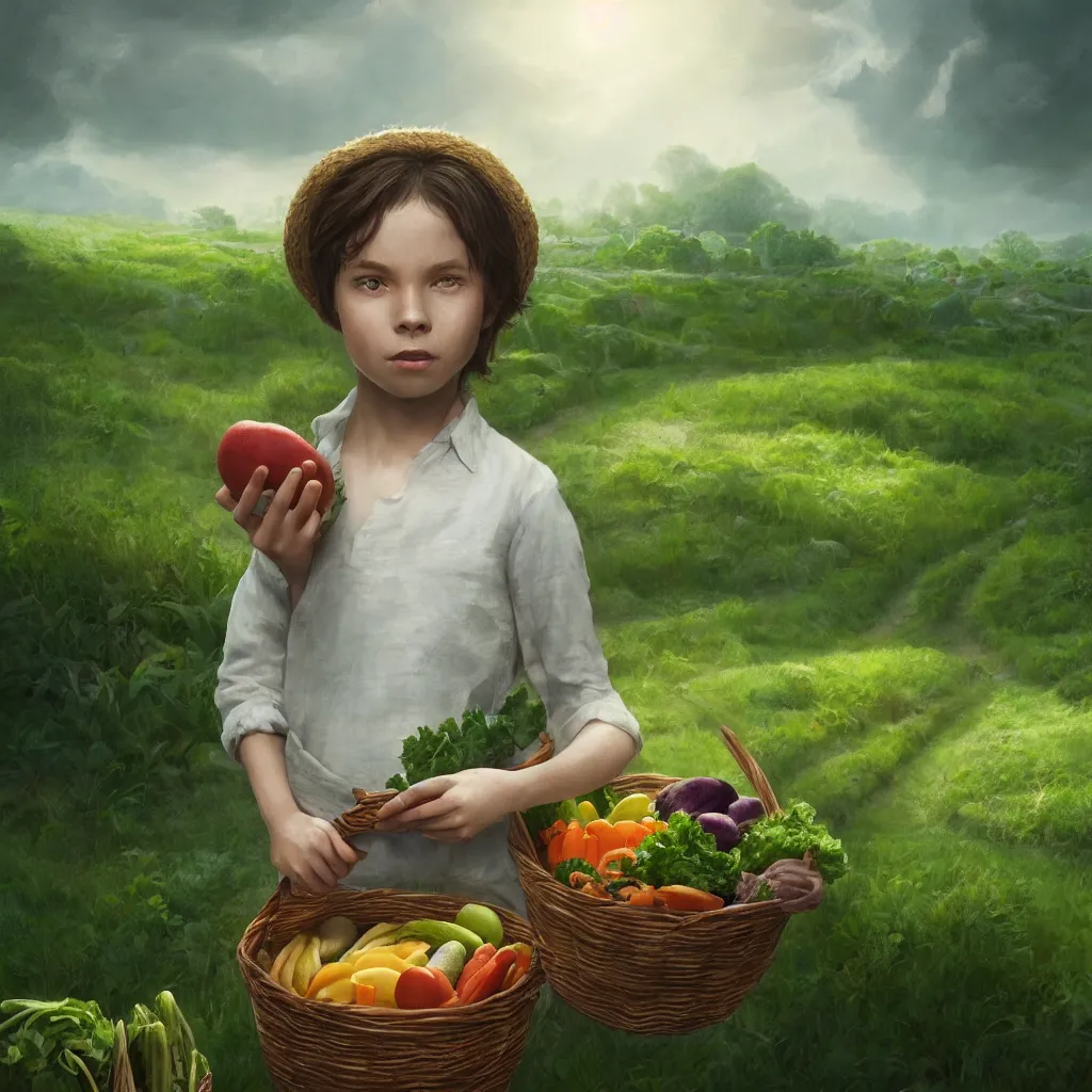 Image similar to portrait of single beautiful child holding a basket of vegetables, green farm lands behind, elegant, highly detailed, digital painting, concept art, smooth, sharp focus, illustration, divine realm of gods, realistic cinematic style, filmed in 70mm, volumetric lighting, octane render, photographic, concept art, artist Dr Zeus, unreal engine 8k