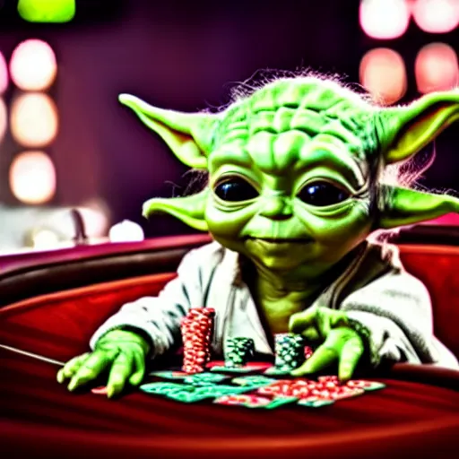 Prompt: baby yoda in a casino playing poker