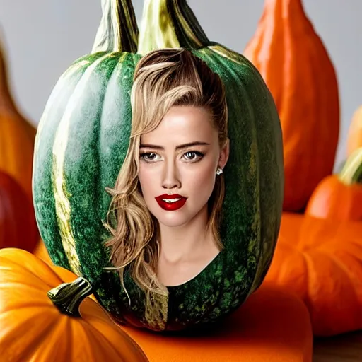 Image similar to gourd with face of amber heard hybrid intercross mix as a gourd