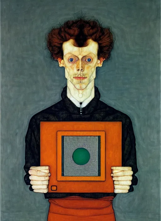 Prompt: creative programmer with a computer in geometric harmony, by egon schiele and quint buchholz, portrait, colorful, escher++, detail