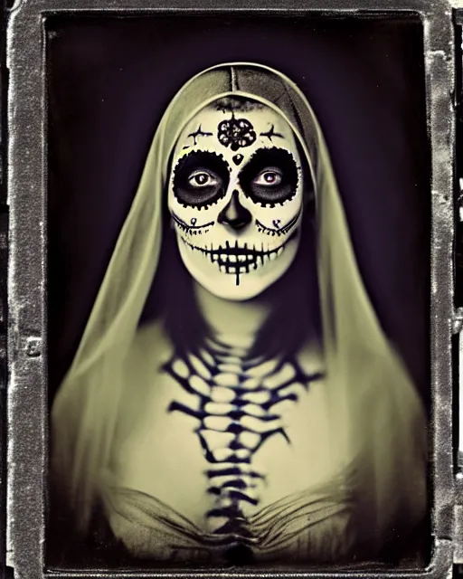 Prompt: tintype full body virgin mary dressed in dia de muertos makeup high quality photo, microchip, artificial intelligence, bio - mechanical bio - luminescence, black wired cables, neurons, nerve cells, cinematic, rim light, photo - realistic, high detail, 8 k, masterpiece, high fashion, in the style of steven meisel dora maar h. g. giger