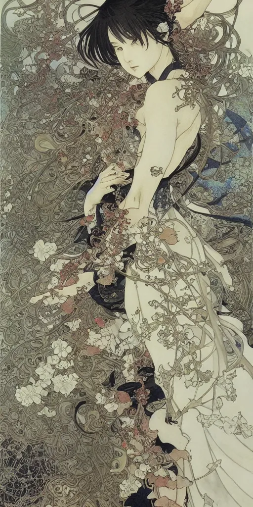 Image similar to yoshitaka amano anime painting, intricate line drawings, pen and ink, alphonse mucha, claire wendling, kentaro miura, ruan jia