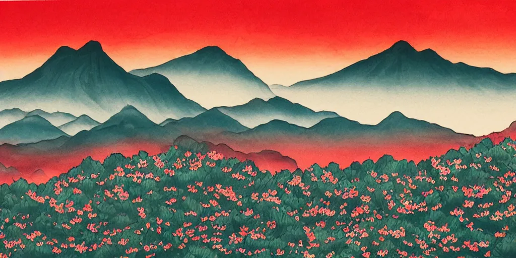 Image similar to jappanese ink painting of a blooming cherry blossom forest with mountains in the background and a deep red sun, colorful, detailed