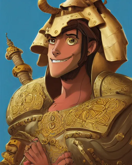 Prompt: portrait of a spanish conquistador wearing ornate armor, by daniel zrom and disney concept artists and studio ghibli, treasure planet movie color scheme, symmetric, handsome, golden ratio, jungle