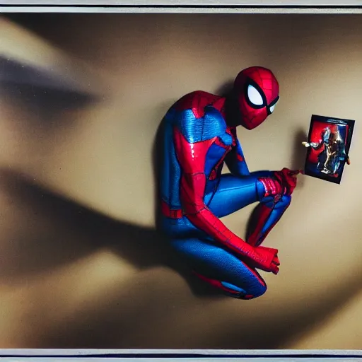 Image similar to a single iron man and spider - man hybrid, dslr, polaroid