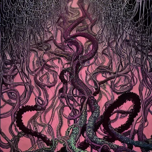 Prompt: psychedelic horror art eldritch forest of fingers and tentacles creepy horror by godmachine victo ngai yoji shinkawa junji ito shintaro kago apophasis hyperrealism photo - realistic demon hyperdetailed photography photorealistic