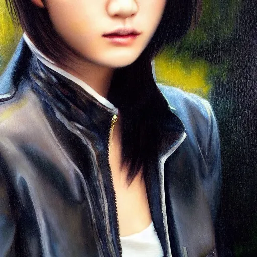 Prompt: perfect, realistic oil painting of close-up japanese young woman wearing leather jacket, in Final Fantasy
