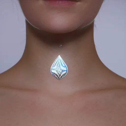 Prompt: amulet of wave inlaid in silver, on a young beautiful woman neck, realistic, clean,