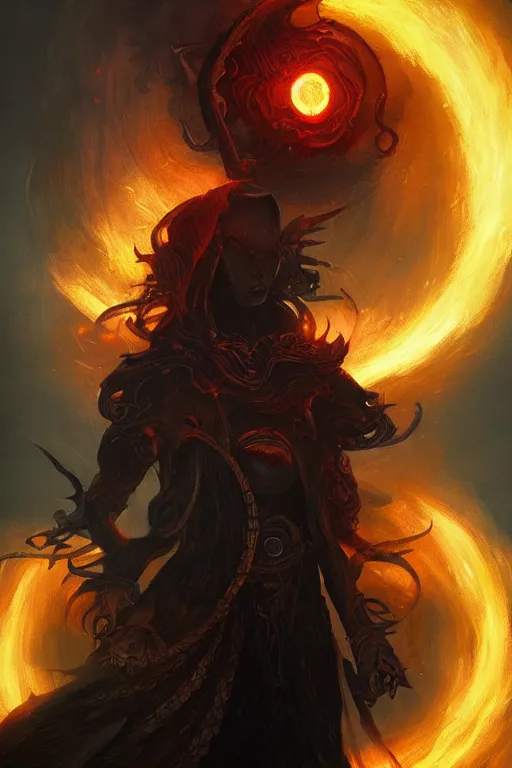 Prompt: Black Orb of Fire, digital art, fantasy, magic, trending on artstation, illustration by Seb McKinnon and Peter Mohrbacher, ultra detailed, atmospheric