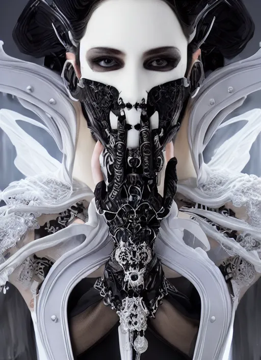 Prompt: a beautiful gothic cyborg with a porcelain mask, black leather garment with art nouveau ivory accessories, dressed in white intricate lace and jewels, ethereal, misty, cyberpunk, darksynth, luxury, concept art by zeen chin, extremely detailed, artstation, andree wallin, edvige faini, alphonse mucha, 8 k, unreal engine 5