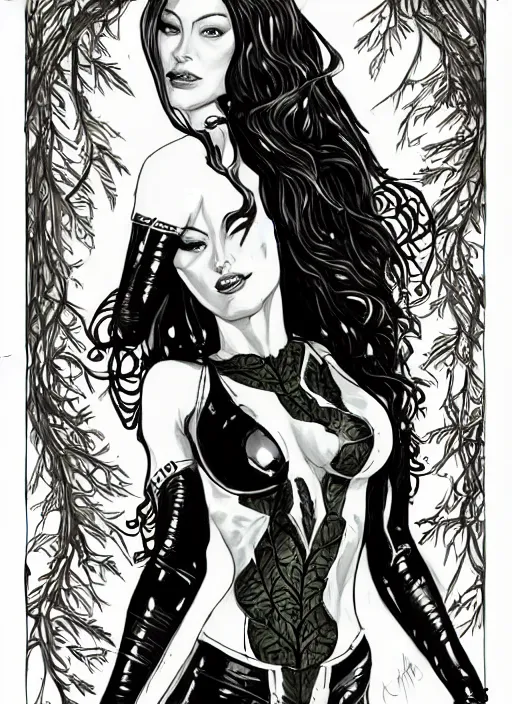 Prompt: symmetry concpet art, full shot, traditional ink, sketch, of olivia wilde as poison ivy, line sketch, intricate, elegant, highly detailed, monochrome, digital painting, artstation, concept art, sharp focus, illustration, art by borderlands 3 and peter polach