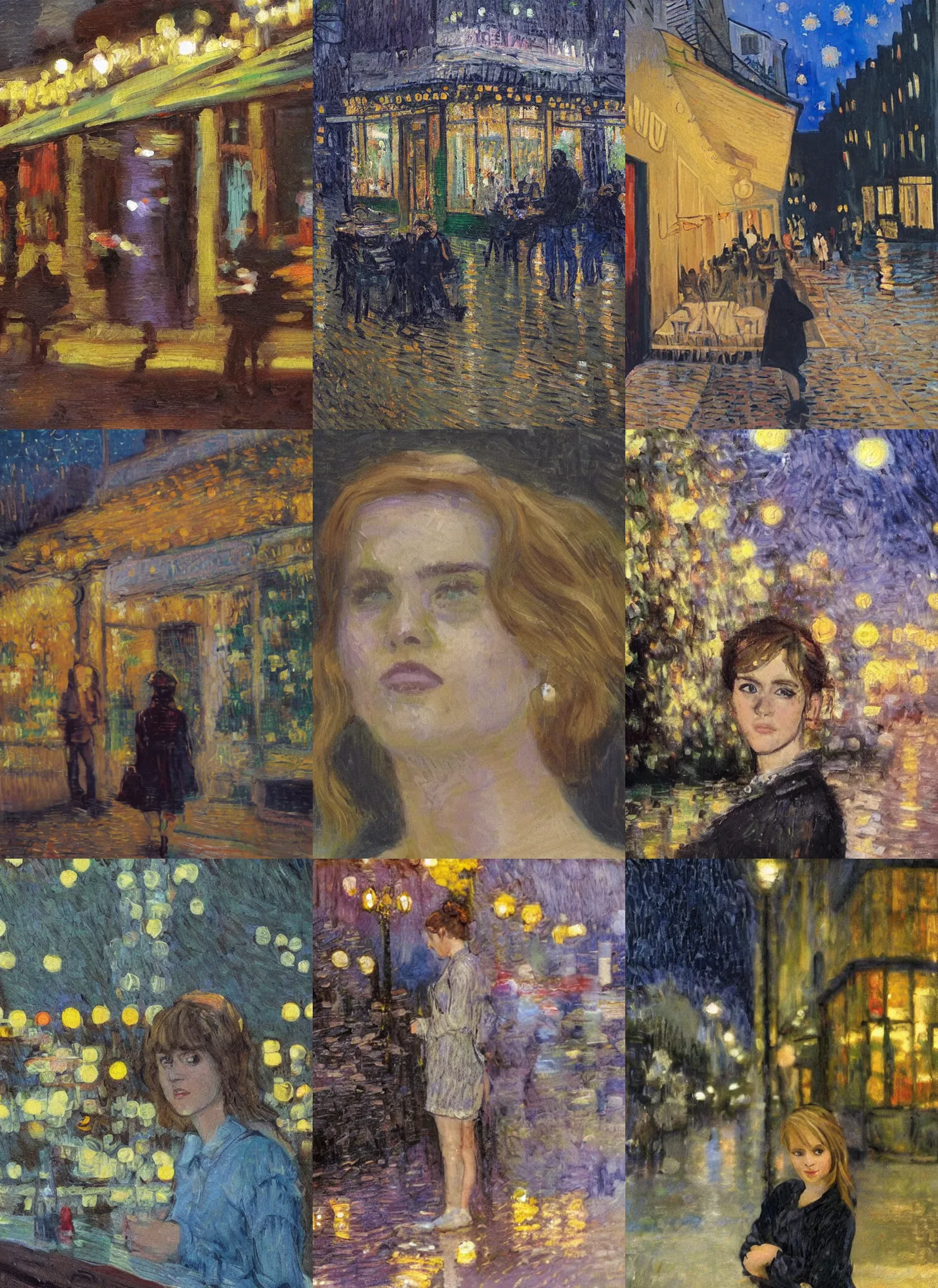 Prompt: an impressionist portrait painting of emma watson by van gogh, paris cafe at night with city lights bokeh background,!!! shallow depth of field!!!, canon 5 0 mm!! tilt - shift!! lens f 1. 2