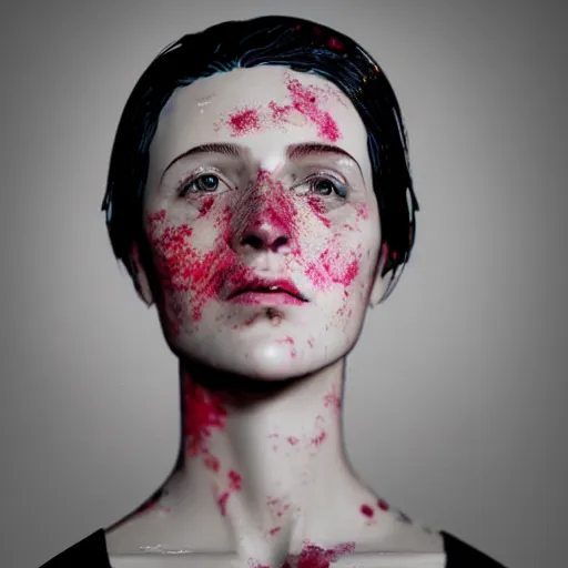 Image similar to women portrait made out of exploding paint, short hair, octane render, highly detailed, comic book art