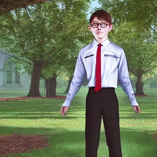 Image similar to a realistic fullbody photograph of a nerdy school boy in a park, school uniform, clear details, golden ratio, gerald brom, alan lee, hyperrealism, 8 k, unreal engine