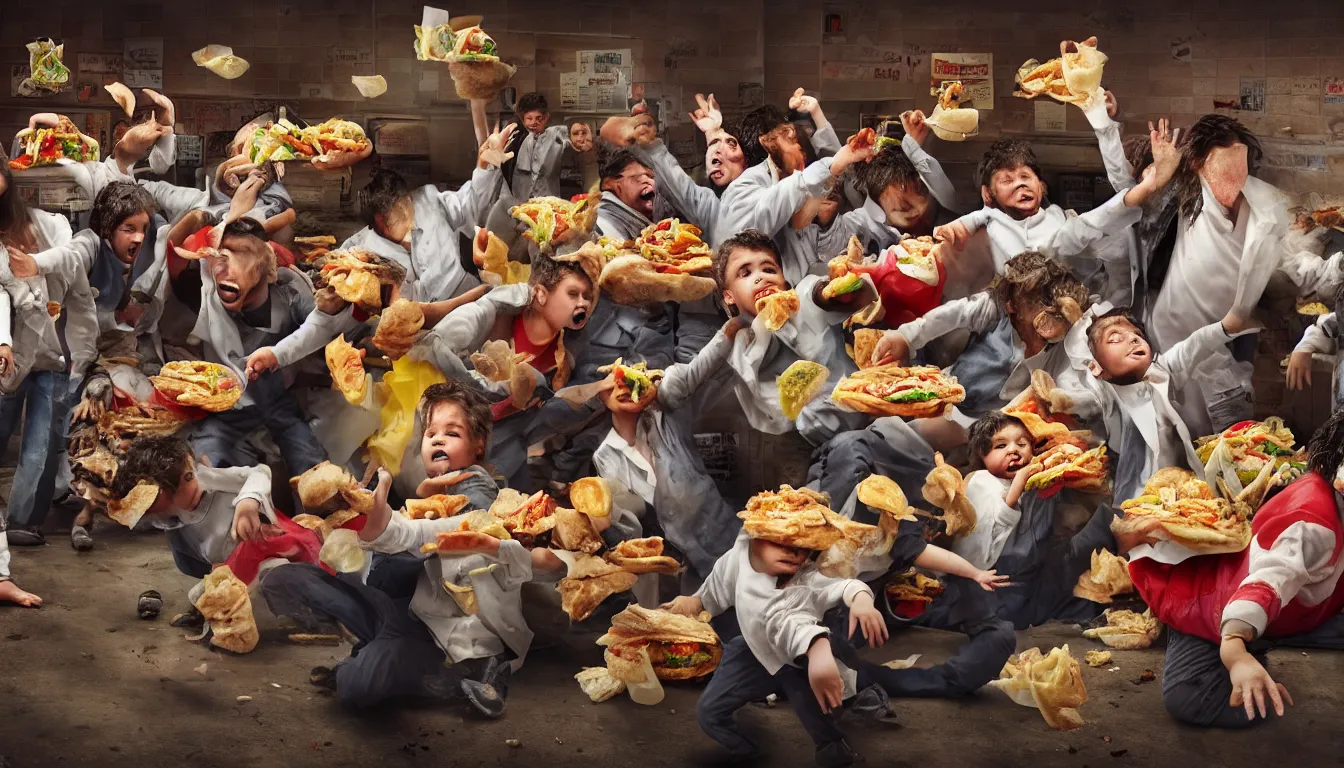 Prompt: in a dirty fast food restaurant disheveled children in rags obese men in suits and old people fighting over piles half eaten rotting fast food, money thrown and floats in the air, hyper realistic photo, full colour, upscale, 8 k, masterpiece,