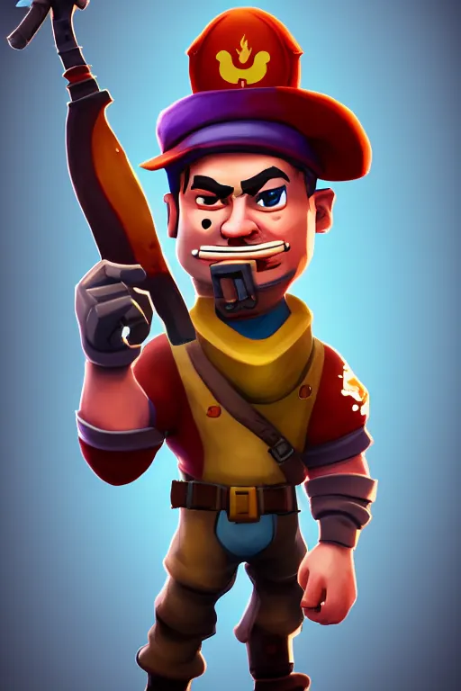 Image similar to beautiful highly detailed realistic stylized portrait of a small wacky guy with a sword, team fortress 2, fortnite, torchlight, heartstone, detailed character art, portrait, trending on artstation