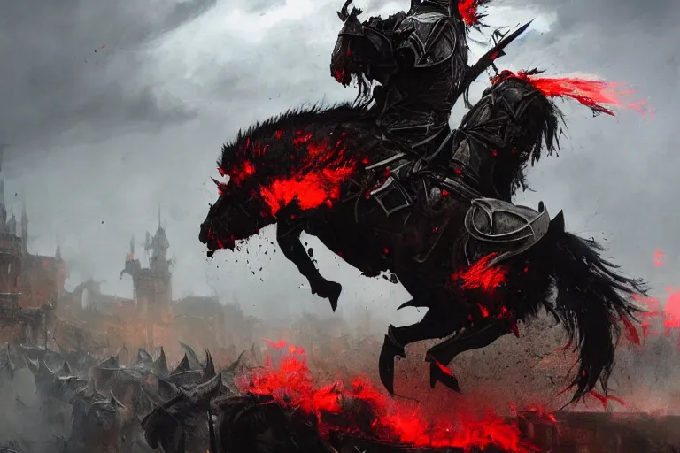 Image similar to a angry knight in full plate of black armor, splattered with blood, riding a large black horse, with red glowing eyes, flowing red mane and tail, blackened clouds cover sky, crackling with lightning, a castle in distance burns, concept art by greg rutkowski, craig mullins, todd mcfarlane,