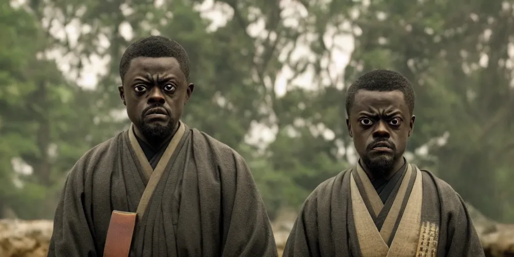 Image similar to a film still of daniel kaluuya starring as an ancient samurai in a japanese blockbuster film, shallow depth of field, cinematic, award winning cgi, vfx, film still