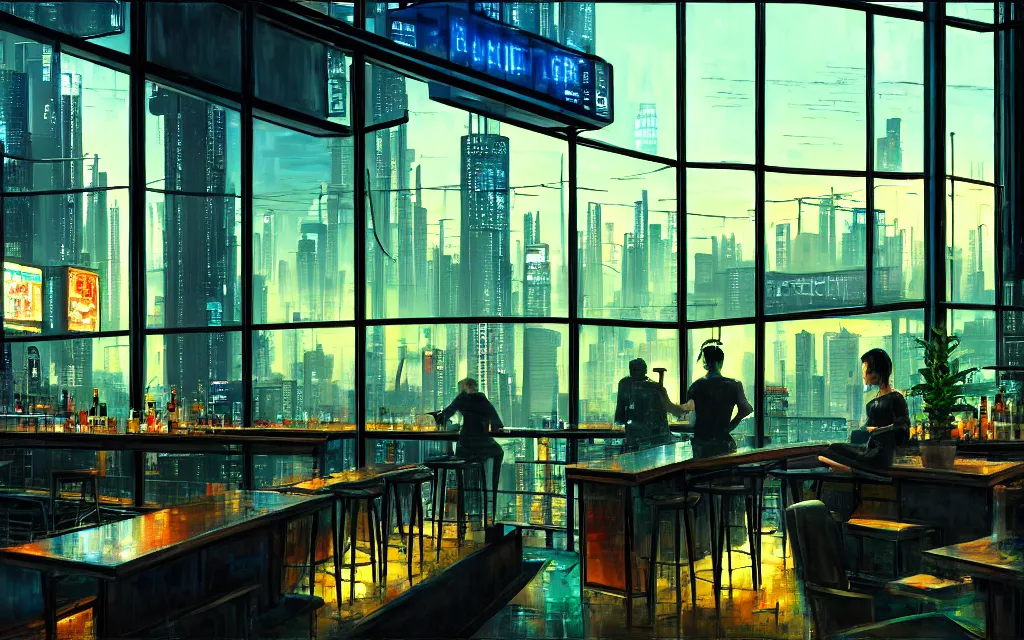 Image similar to cyberpunk loft lounge with tall windows, few people, city in background, bar counter with bartender and chairs, drawn by feng zhu, sparse plants, dim painterly lighting volumetric aquatics, impasto