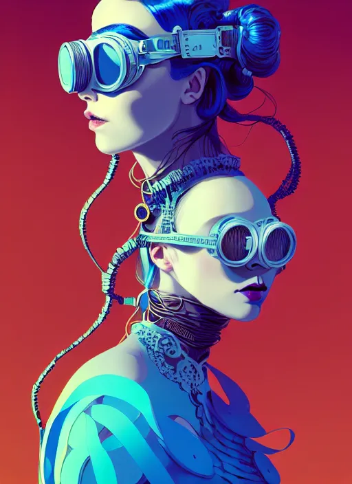 Prompt: portrait of beautiful nordic woman wearing steampunk goggles, pigtail blue hair, artstation winner by victo ngai, kilian eng and by jake parker, by conrad roset, swirly vibrant color lines, winning award masterpiece, fantastically gaudy, aesthetic octane render, 8 k hd resolution