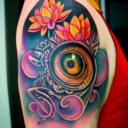 Image similar to shoulder tattoo of a meditating cute bush baby, eyes are sparkeling rainbow spirals, glowing multicolored chakra symbols, surrounded with colorful lotus leaves, insanely integrate