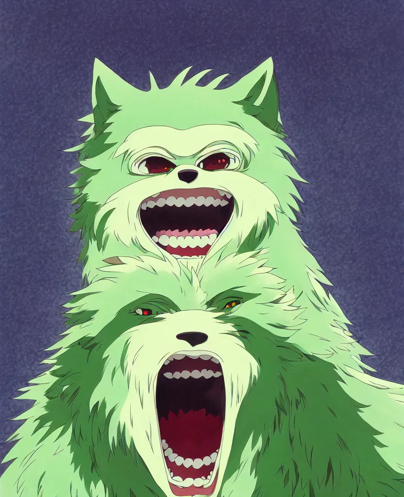 Prompt: beautiful painting from the anime film by studio ghibli, green anthropomorphic wherewolf human hybrid, drooling teeth bared, fur, trending on artstation