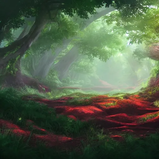 Prompt: lush forest with reddish clay soil, trending on artstation, top 1 0 most beautiful photographs, award winning fantasy concept art, background of a studio ghibli film
