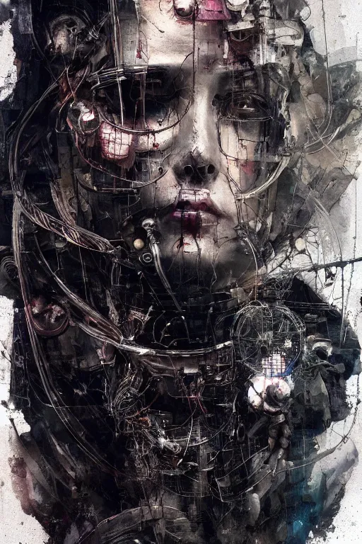 Image similar to cybernetic dream hunter, cyberpunk, wires, skulls, machines by emil melmoth zdzislaw belsinki craig mullins yoji shinkawa realistic render ominous detailed photo atmospheric by jeremy mann francis bacon and agnes cecile ink drips paint smears digital glitches glitchart