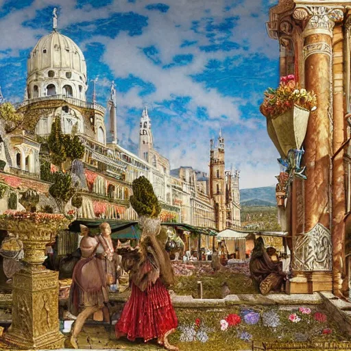 Prompt: hyperrealistic detailed painting of medieval city, with flowers, beetles, bacteria, fish skeletons, fungi, scales, golden filigree, art by ernst haeckel, john william godward, hammershøi, alphons mucha, pontormo, ornamental, decorative, art nouveau pattern, deep pastel colors,