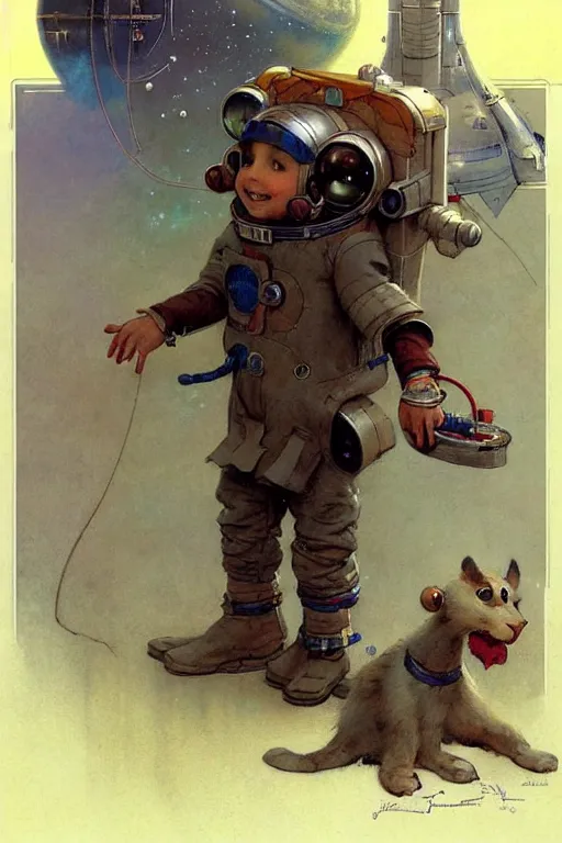 Image similar to childrens book layout ( ( ( ( ( 2 0 5 0 s retro future 1 0 year boy old super scientest in space pirate mechanics costume. muted colors. ) ) ) ) ) by jean - baptiste monge, tom lovell!!!!!!!!!!!!!!!