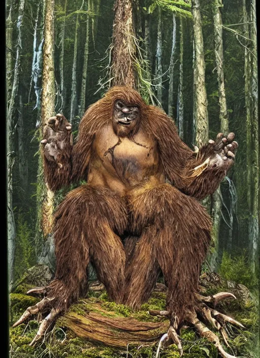 Prompt: Marc Simonette, a sasquatch prays at an epic forest alter, ultra detailed, creepy