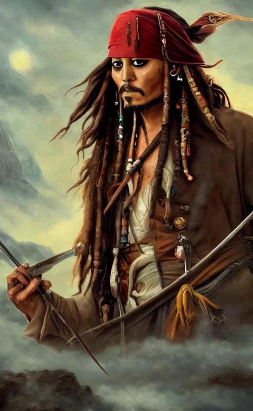 Image similar to a beautiful painting of jack sparrow in the style of wanderer above the sea of fog, featured on artstation