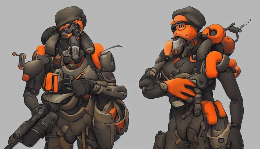 Prompt: Concept art for new overwatch character: The Sabotuer, French Special Ops, Skinny, Spy, Uses Explosives, Planted Charge, C4 Explosive, Roguish, and Hand Grenades, Anti-tank Rifle, Dark Humor, Male, Rugged, Dagger, High-tech, Fast, Black and Orange