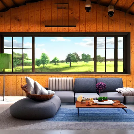 Prompt: interior view of modern futuristic farm barn architecture, cows on sofas pigs in hammocks chickens in lounge chairs, modern interior design, throw pillows, areas rugs, feed troughs, hay, detailed luminescent oil painting 4 k