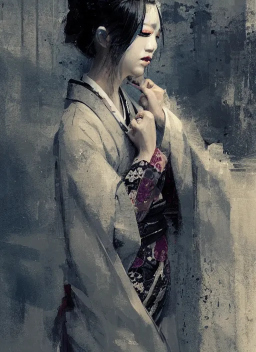 Image similar to female geisha girl, beautiful face, rule of thirds, intricate outfit, spotlight, by greg rutkowski, by jeremy mann, digital painting