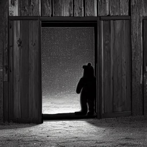 Image similar to dark photograph of a small bear mascot walking through a large wooden doorway