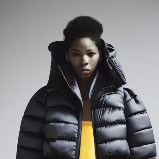 Image similar to realistic photoshooting for a new balenciaga lookbook, color film photography, portrait of a beautiful woman, woman is wearing a puffer jacket, in style of Tyler Mitchell, 35mm,