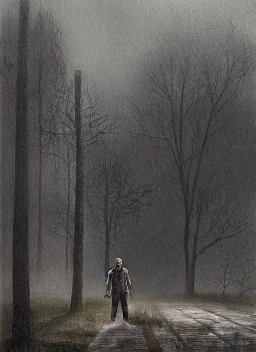 Image similar to jason voorhees standing in front of a house on a rainy day, a digital rendering by gregory crewdson, trending on cgsociety, american scene painting, ominous vibe, matte drawing, atmospheric