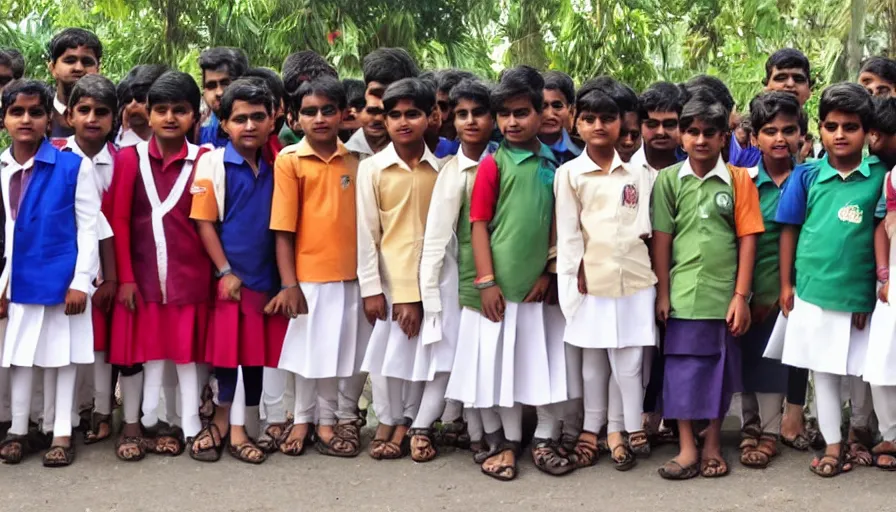 Prompt: kerala school kids wearing gender neutral uniform