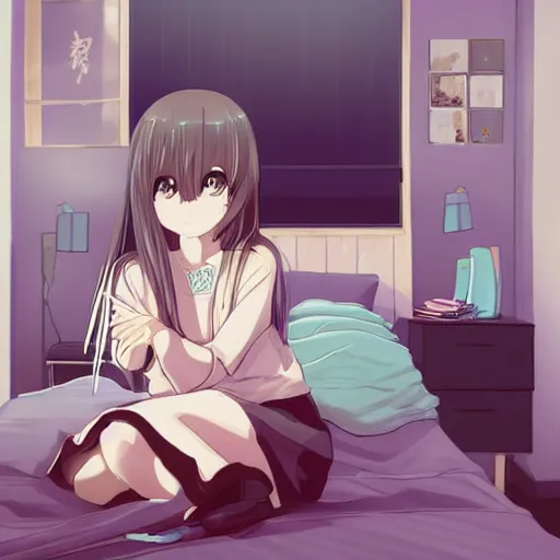 “anime girl sitting in bedroom” | Stable Diffusion