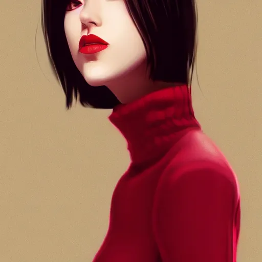 Prompt: girl in dark red turtleneck, black coat, elegant, 2d, ultra highly detailed, digital painting, smooth, sharp focus, artstation, portrait art by Ilya Kuvshinov