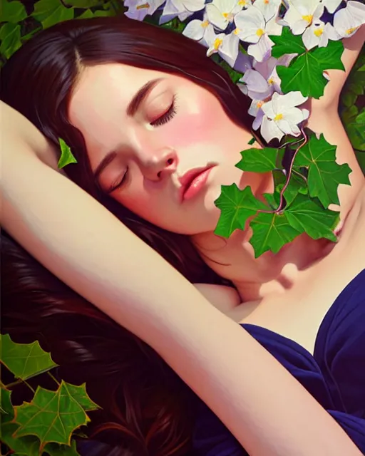 Image similar to stylized portrait of an artistic pose, composition, young lady sleeping sorrounded by nature, ivy's, flowers, one single head, realistic shaded, fine details, realistic shaded lighting poster by ilya kuvshinov, magali villeneuve, artgerm, jeremy lipkin and michael garmash and rob rey