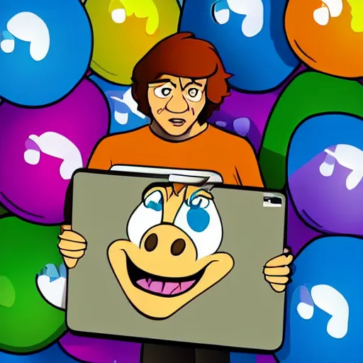 Prompt: shaggy from scooby doo holding laptop cartoon, disney, children's illustration, character