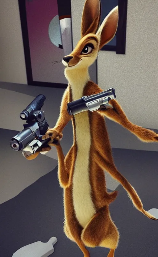 Image similar to “kangaroo in the style of the movie zootopia holding a laser gun and pointing it at the the camera”