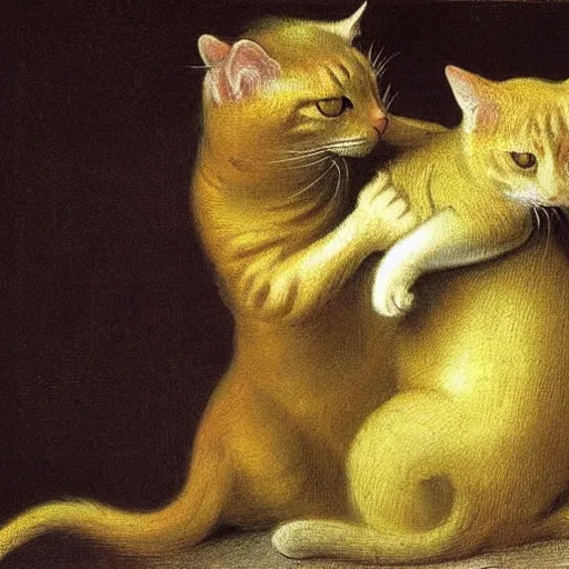 Prompt: two yellow cats hug each other ， rococo, 1 7 3 0, late baroque, antoine watteau