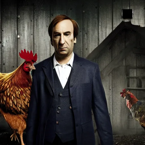 Image similar to saul goodman and a rooster in a saw movie torture chamber, saw movie jigsaw background, saul goodman, rooster, photo