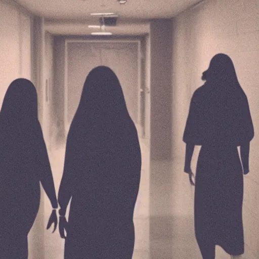 Image similar to A group of women sleepwalking along an unlit college dorm hallway, photorealistic